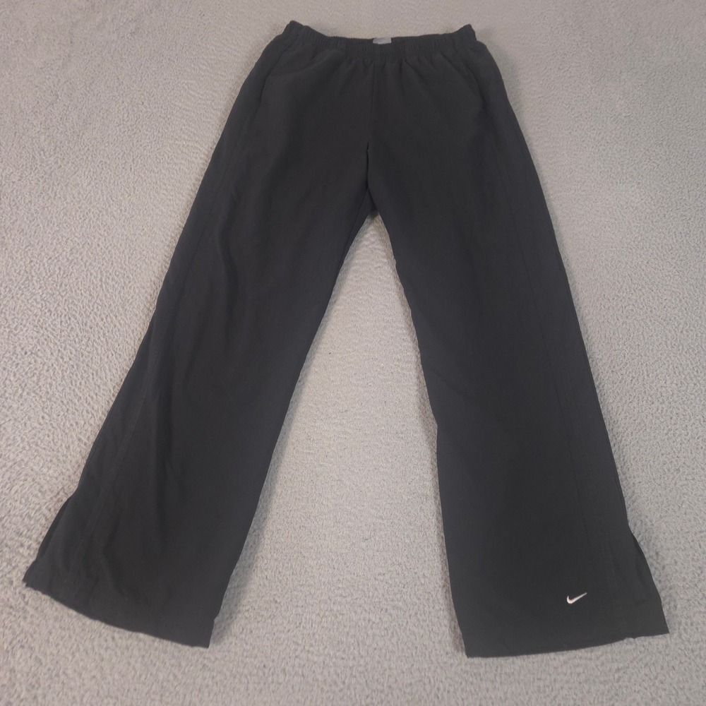 VINTAGE Nike Pants Womens M Black Woven Track Lined Straight Leg Swoosh Gym Y2K